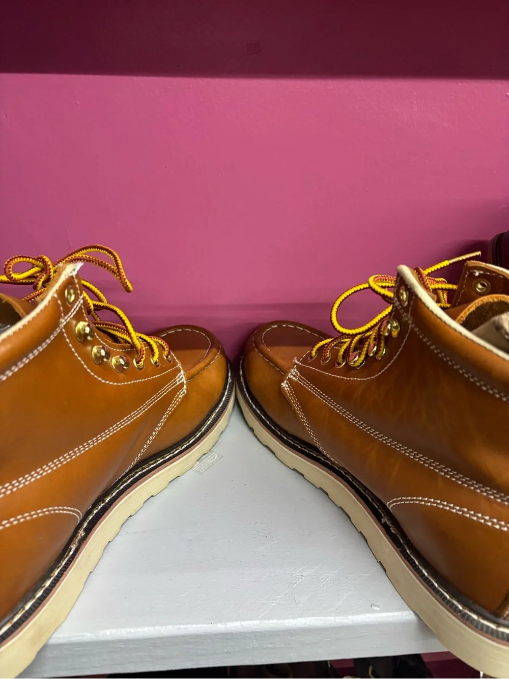 Men's Tan Moc Toe Work Boots with Yellow Contrast Laces